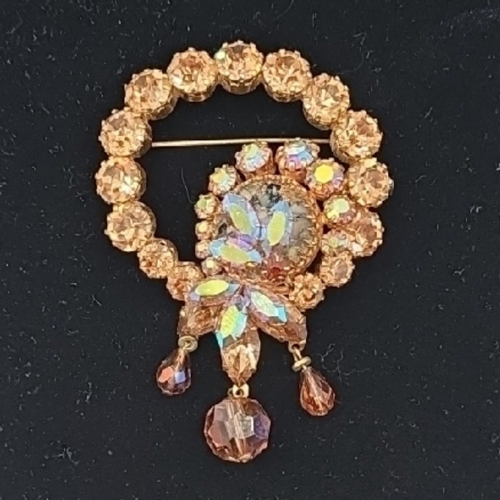 Vintage Austria Gold and Iridescent Crystal Brooch